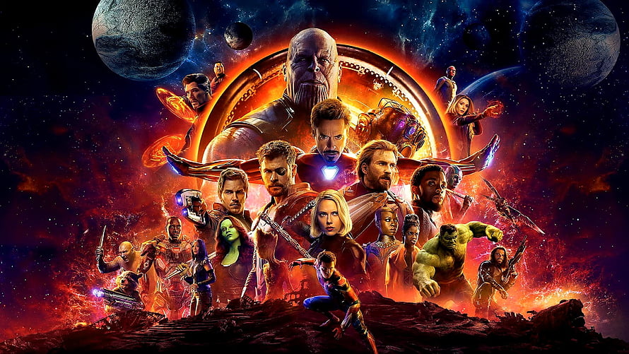Avengers Infinity War Ensemble Cast Poster Featuring Thanos and the Infinity Gauntlet in Cosmic Space HD wallpaper