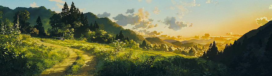 Studio Ghibli Style Countryside Landscape with Winding Path and Golden Sunset HD wallpaper