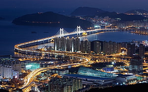 Aerial Night View of Busan Skyline and Gwangan Bridge in South Korea HD wallpaper