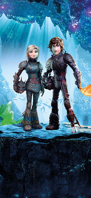 Hiccup and Astrid in Dragon Armor Standing on a Cliff in How to Train Your Dragon: The Hidden World HD phone wallpaper