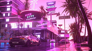 GTA Vice City Neon Night Scene with Lamborghini on Sunset Boulevard HD wallpaper