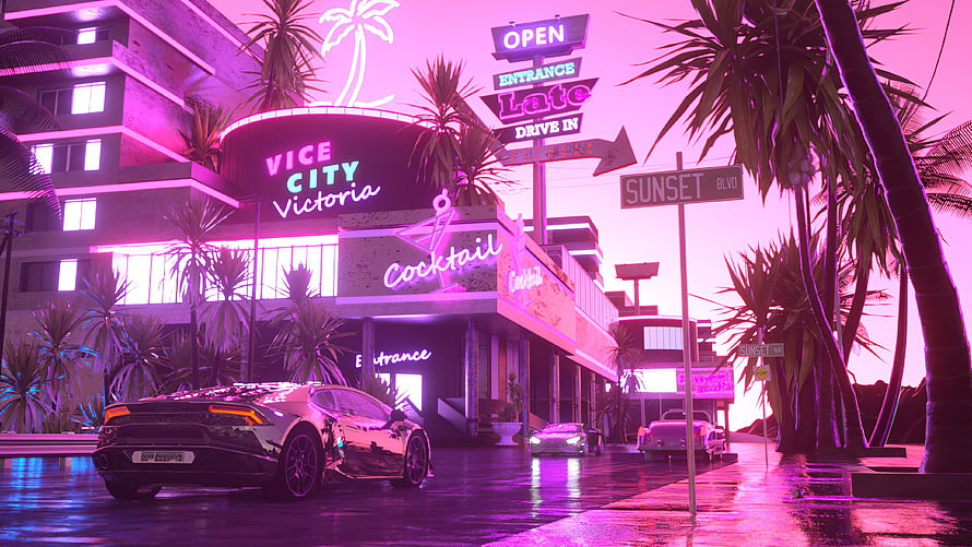 GTA Vice City Neon Night Scene with Lamborghini on Sunset Boulevard HD wallpaper