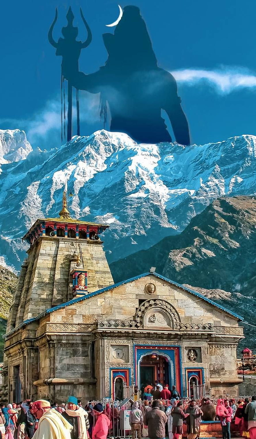 Kedarnath Temple with Snow-Capped Himalayan Peaks and Spiritual Silhouette HD phone wallpaper