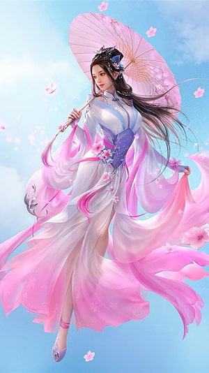 Elegant Chinese Woman in Flowing Hanfu Holding a Pink Parasol Under a Blue Sky, Beautiful Chinese Anime Girl, Chinese Lady HD phone wallpaper