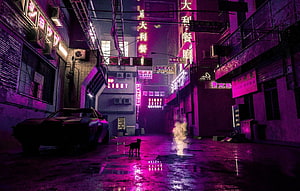 Cyberpunk Alley with Neon Signs, Parked Car, and Cat in Purple Rain HD wallpaper
