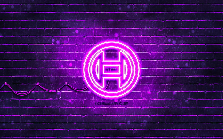 Violet Neon Bosch Logo Glowing on Dark Brick Wall HD wallpaper