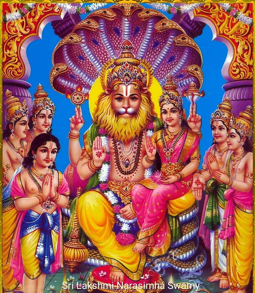 Sri Lakshmi Narasimha Swamy Hindu Deity Painting With Serpent Canopy And Devotees HD phone wallpaper