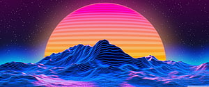 Retro Synthwave Sunset Over Neon Wireframe Mountains in Starry Night Sky HD wallpaper