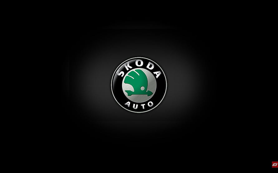 Skoda Auto Emblem on Dark Background with Green Winged Arrow Logo HD wallpaper
