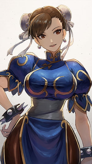 Chun Li from Street Fighter in a blue and gold qipao with ornate armor details and spiked wristbands HD phone wallpaper