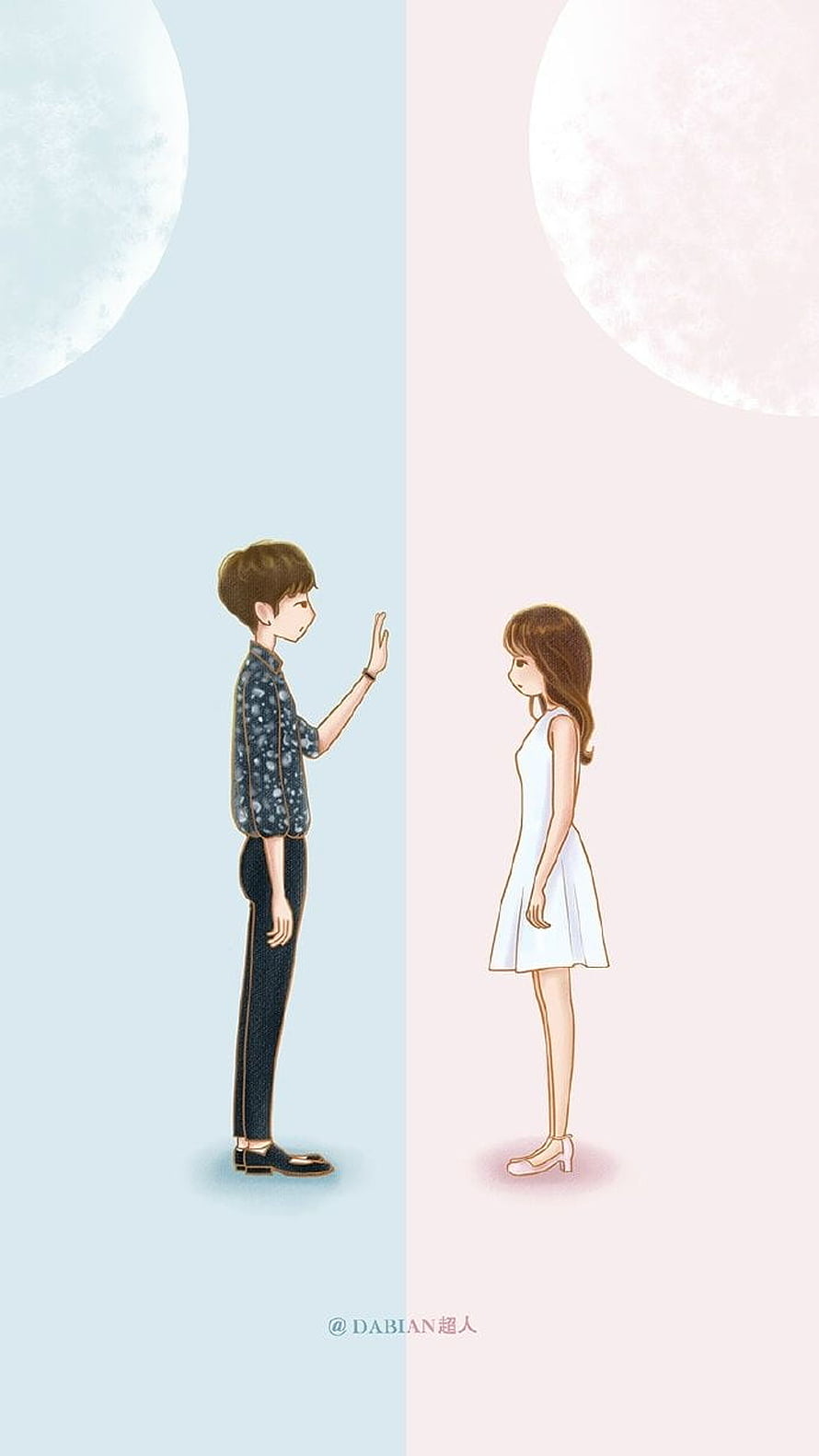 Minimalist Couple Illustration With Split Pastel Background And Moon HD phone wallpaper