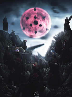 Akatsuki Members Gathered Beneath a Giant Pink Sharingan in Dark Anime Art HD phone wallpaper