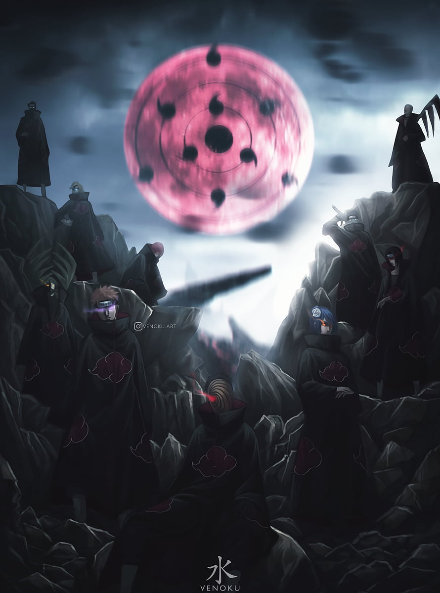 Akatsuki Members Gathered Beneath a Giant Pink Sharingan in Dark Anime Art HD phone wallpaper