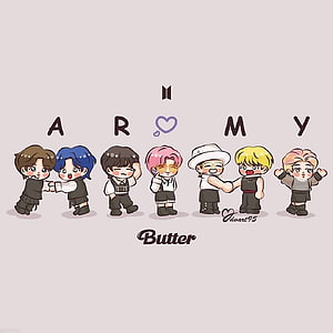 Cute Chibi BTS Members Illustration for Butter Era with ARMY Text HD phone wallpaper