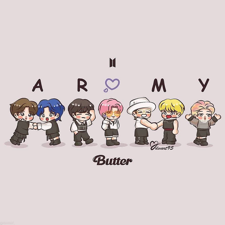 Cute Chibi BTS Members Illustration for Butter Era with ARMY Text HD phone wallpaper