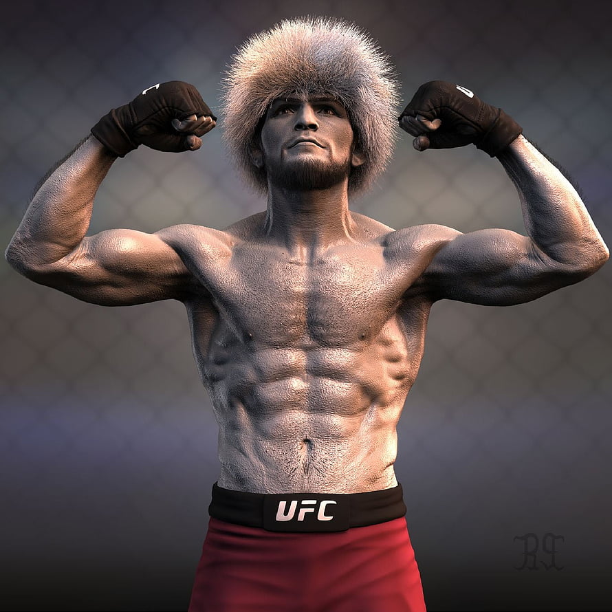 Khabib Nurmagomedov 3D Character Art in UFC Gear and Fur Hat HD phone wallpaper