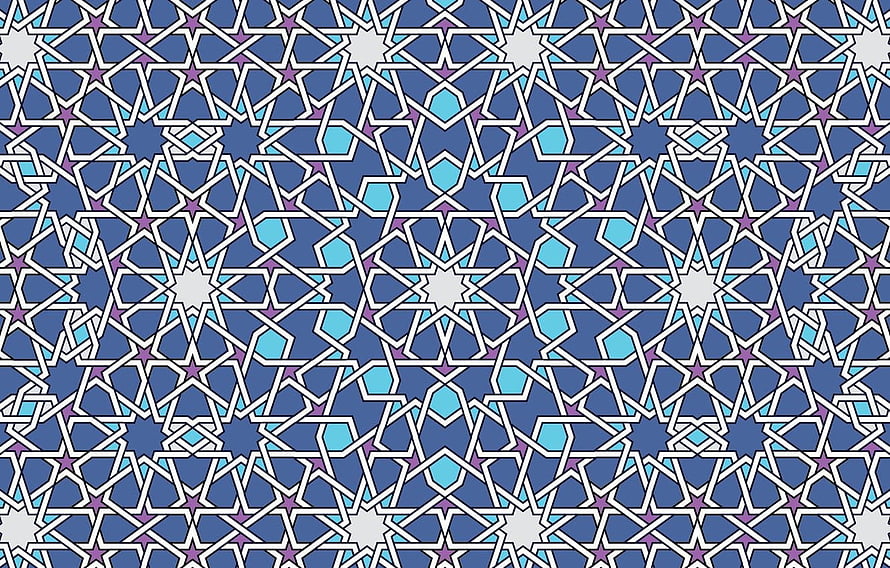Intricate Islamic Geometric Pattern with Star and Hexagon Motifs in Blue and Purple HD wallpaper