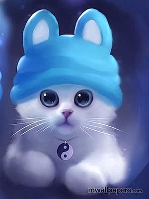 Adorable White Kitten Wearing a Blue Rabbit Hood and Yin Yang Pendant HD phone wallpaper