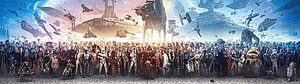 Star Wars Saga Character Lineup with Star Destroyers and Droids HD wallpaper