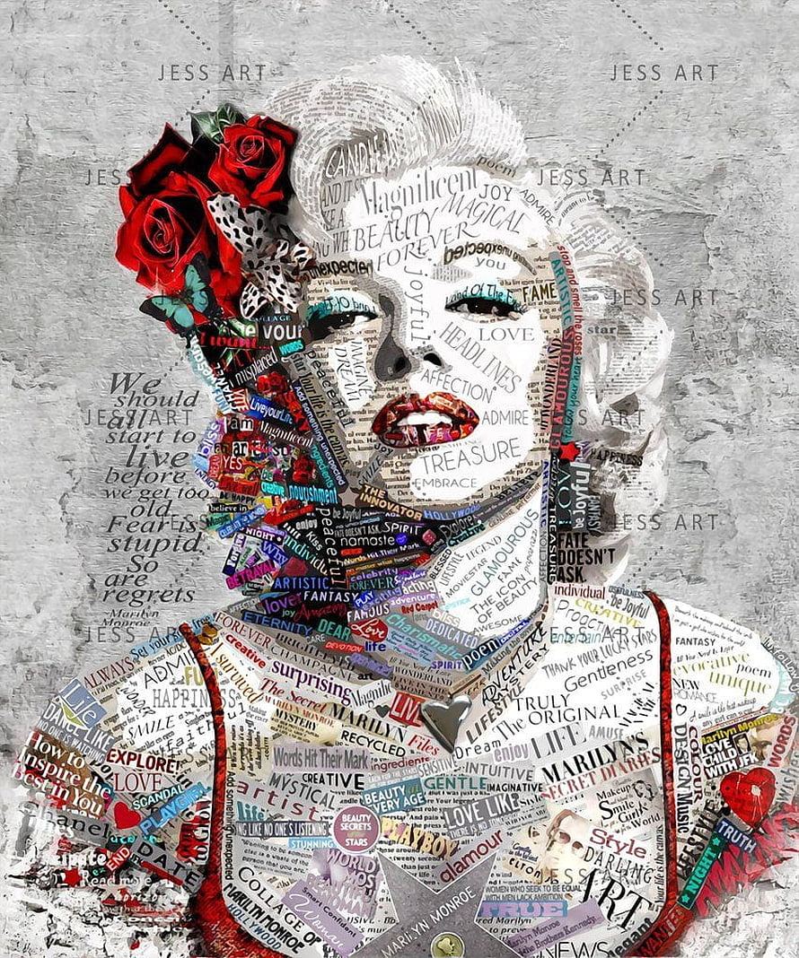 Marilyn Monroe Collage Portrait with Red Roses and Vintage Typography HD phone wallpaper