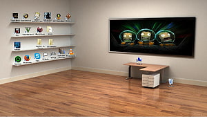 Modern Office Room Desktop Wallpaper With Wall Shelves And Large Monitor HD wallpaper