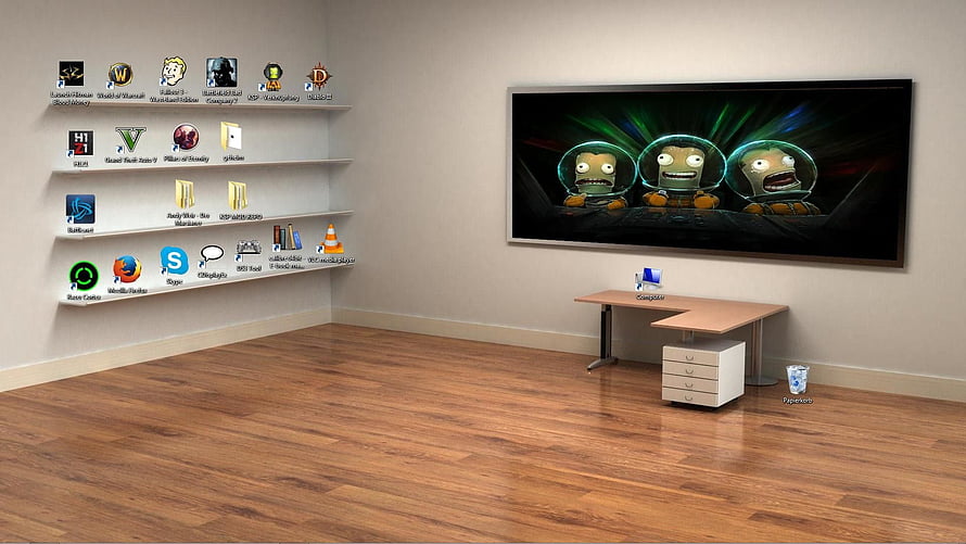 Modern Office Room Desktop Wallpaper With Wall Shelves And Large Monitor HD wallpaper