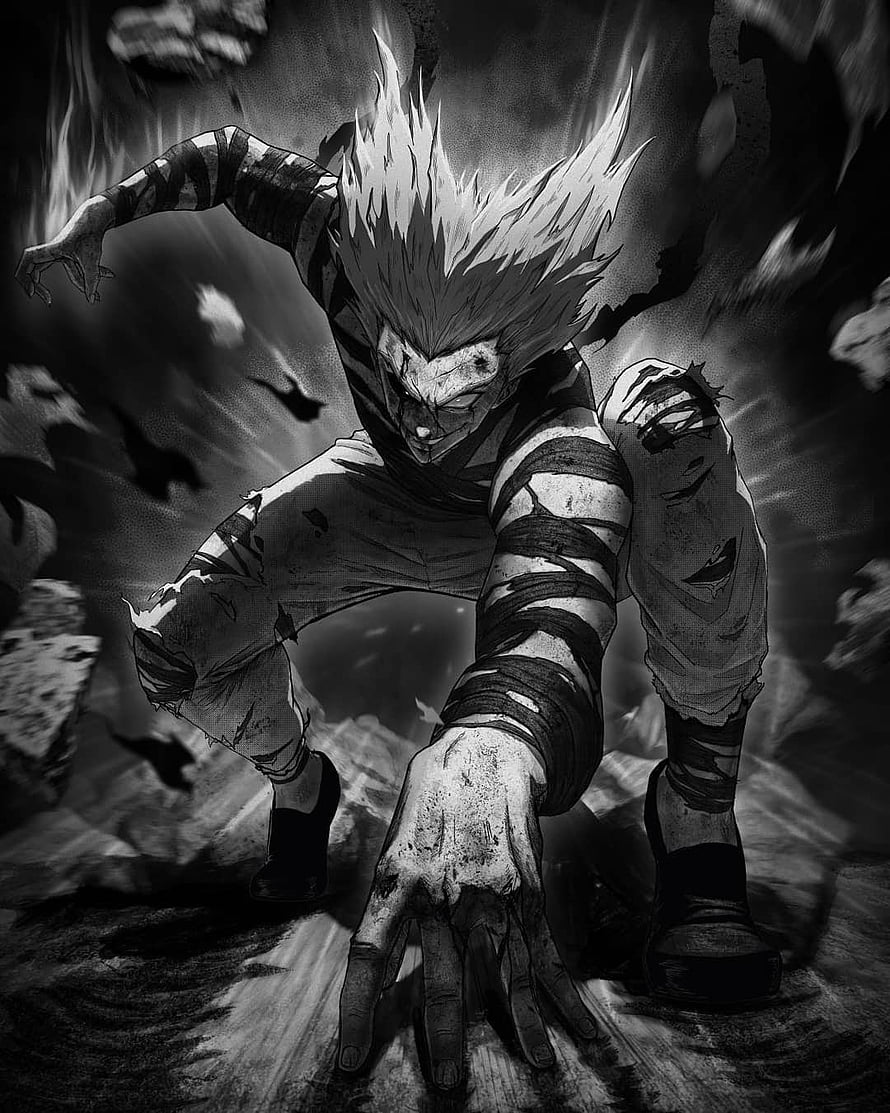 Garou in a Dynamic Crouching Pose from One Punch Man Manga HD phone wallpaper