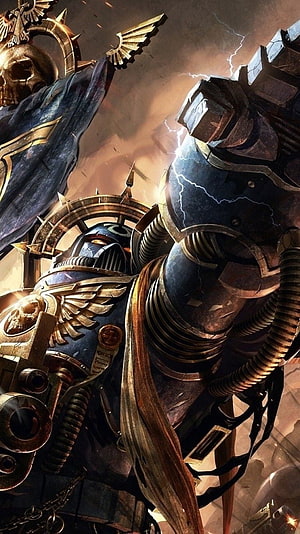 Warhammer 40k Ultramarine Space Marine in Heavy Power Armor with Lightning Storm HD phone wallpaper