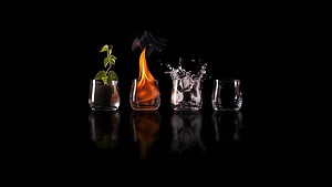 Four Elements Concept: Earth, Fire, Water, and Air in Glass Vessels on Black Background HD wallpaper
