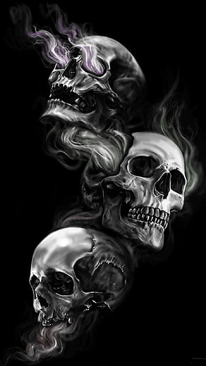 Three Smoky Human Skulls in Dark Digital Art with Purple Flame Accents, Badass Skull . Skull , Android dark, Black skulls, Amazing Dark Art HD phone wallpaper