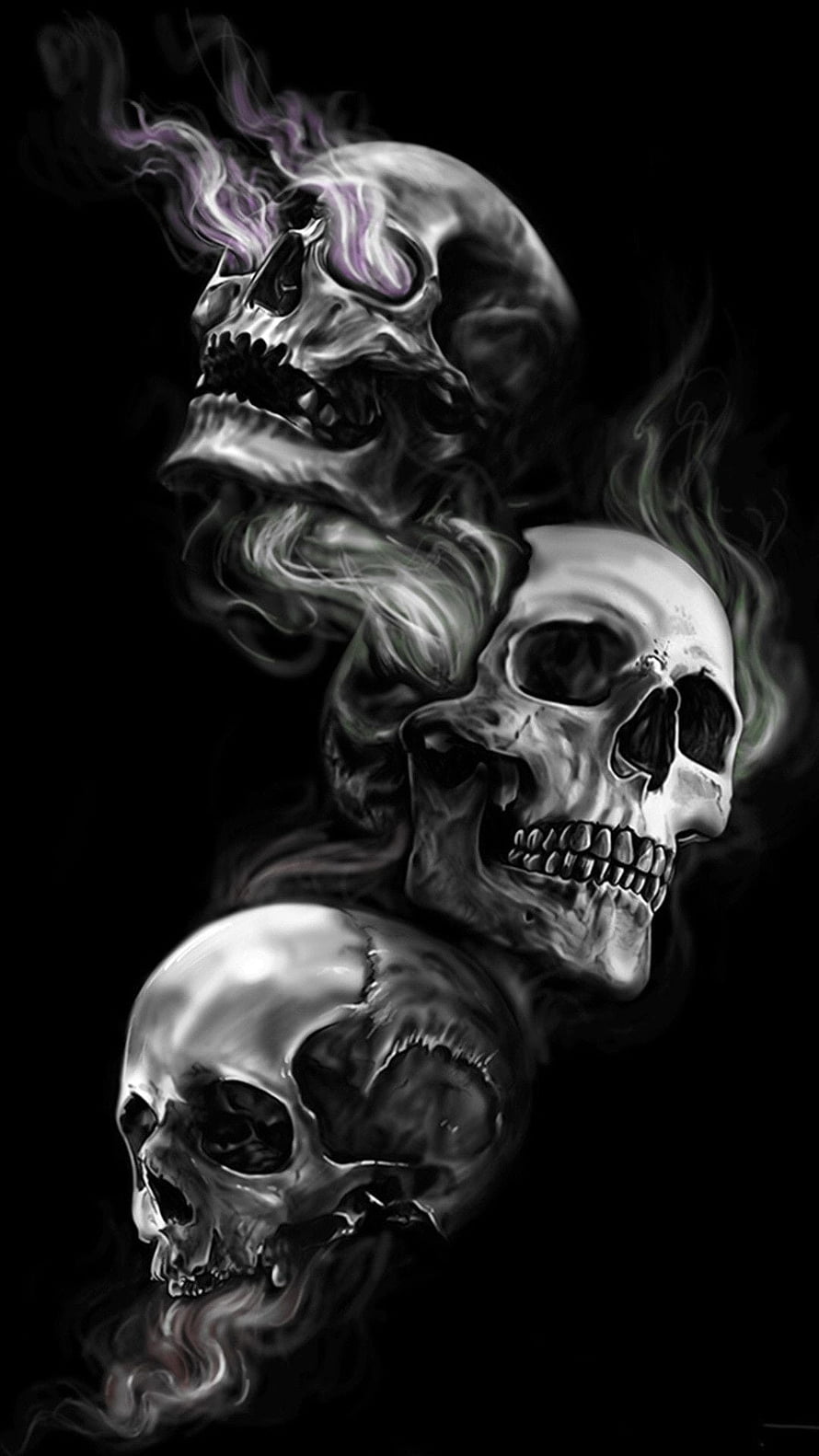 Three Smoky Human Skulls in Dark Digital Art with Purple Flame Accents HD phone wallpaper