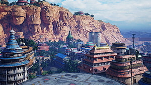 Naruto Hidden Leaf Village with Hokage Rock and Traditional Architecture HD wallpaper