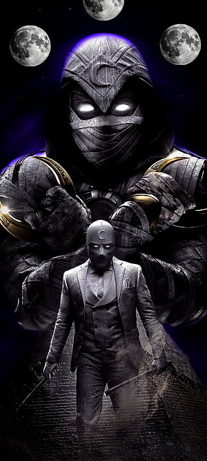 Moon Knight and Marc Spector in a dark cosmic scene with glowing eyes and multiple moons HD phone wallpaper