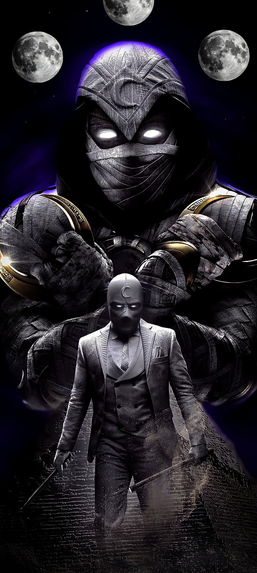 Moon Knight and Marc Spector in a dark cosmic scene with glowing eyes and multiple moons HD phone wallpaper