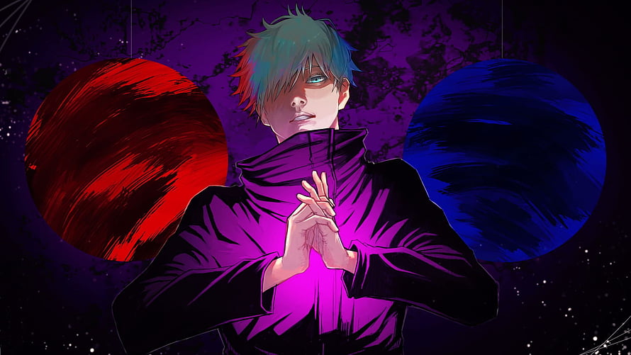 Anime Character with Blue Hair and Purple Glow Between Red and Blue Spheres HD wallpaper