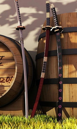 Roronoa Zoro's Three Swords Leaning Against Wooden Barrels in Grass HD phone wallpaper