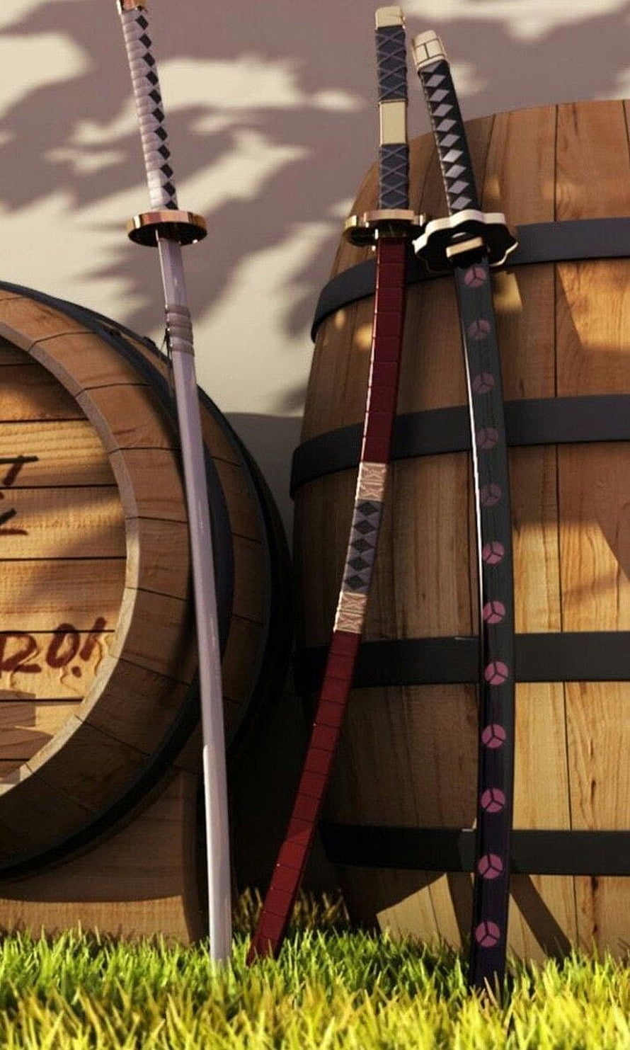 Roronoa Zoro's Three Swords Leaning Against Wooden Barrels in Grass HD phone wallpaper