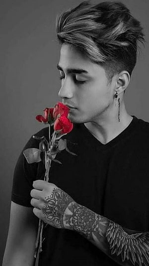 Young man with tattoos holding red roses in black and white portrait, Attitude Boys DP, attitude boy dp, attitude HD phone wallpaper