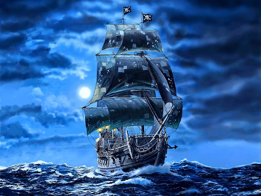 Black Pearl pirate galleon sailing through stormy seas under a full moon HD wallpaper