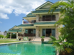 Tropical Luxury Villa With Green Roof, Balconies, And Private Swimming Pool HD wallpaper