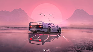 Ferrari F40 in a Dreamy Pink Sunset Landscape with Reflective Water Surface HD wallpaper