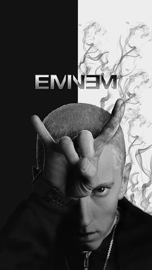 Eminem Black and White Portrait with Smoke and Hand Gesture HD phone wallpaper