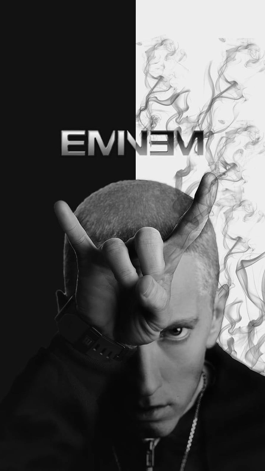 Eminem Black and White Portrait with Smoke and Hand Gesture HD phone wallpaper