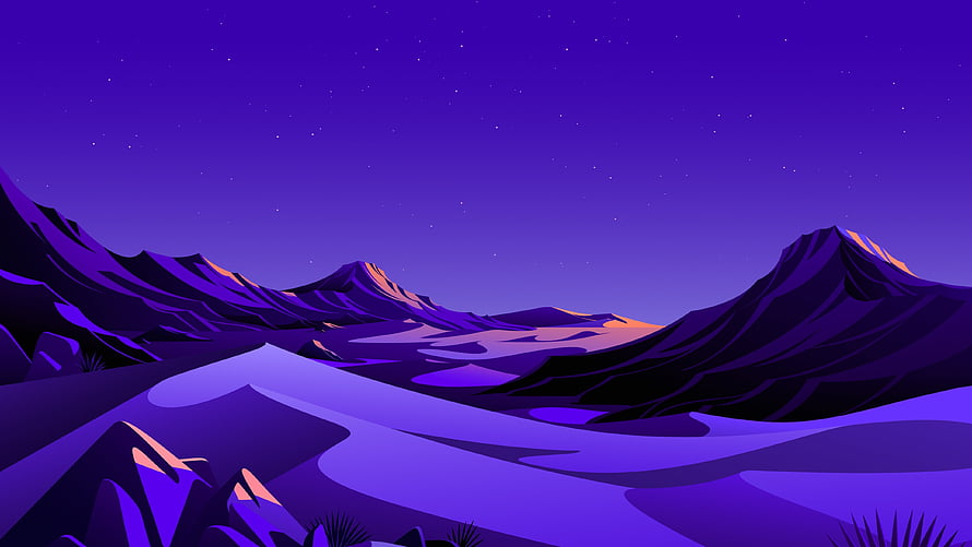 Stylized Purple Mountain Range Under a Starry Night Sky with Warm Orange Accents HD wallpaper