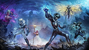 Saint Seiya Awakening Fantasy Battle Scene with Armored Warriors and Magical Energy HD wallpaper