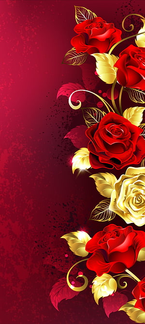 Elegant Red and Gold Rose Floral Arrangement on Deep Crimson Background HD phone wallpaper