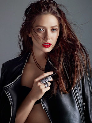 Elizabeth Olsen in Black Leather Jacket with Red Lipstick and Statement Rings HD phone wallpaper