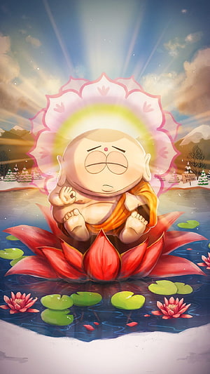 South Park Cartman Meditating on a Lotus in a Serene Winter Pond HD phone wallpaper