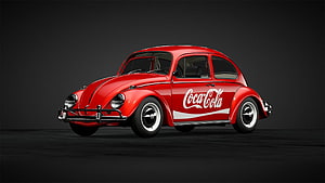 Red Volkswagen Beetle with Coca-Cola Livery on Dark Studio Background HD wallpaper