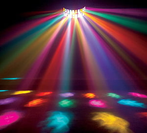 Vibrant Disco Ball Light Beams and Colorful Floor Patterns in a Dark Club Setting HD wallpaper
